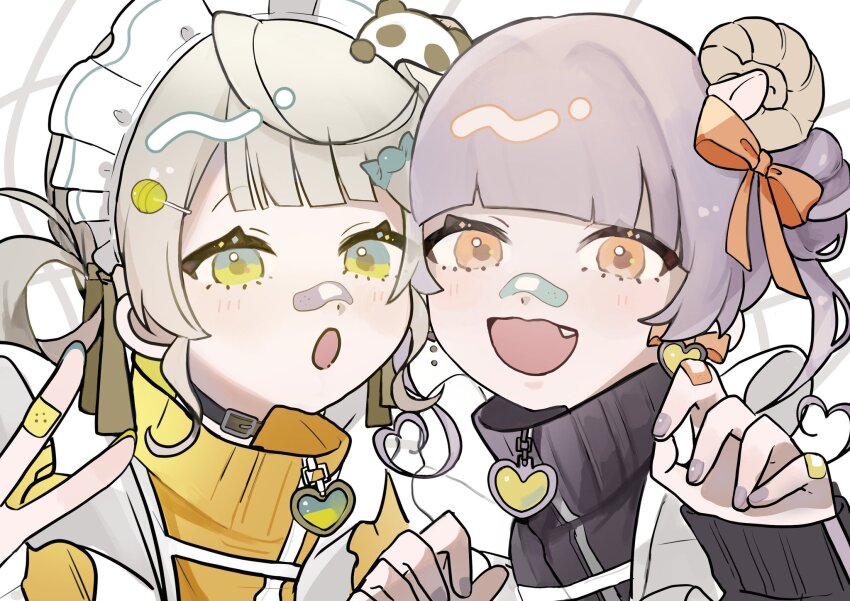 2girls, :o, apron, awadama_1225, bandaid, bandaid_on_face, bandaid_on_hand, bandaid_on_nose