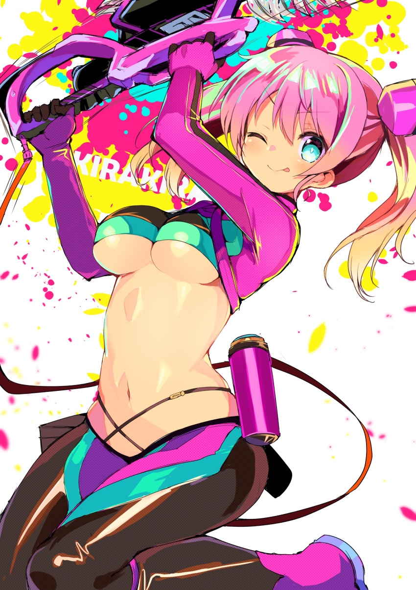 1girl, ;p, absurdres, aqua_eyes, black_bodysuit, black_pants, blush, bodysuit