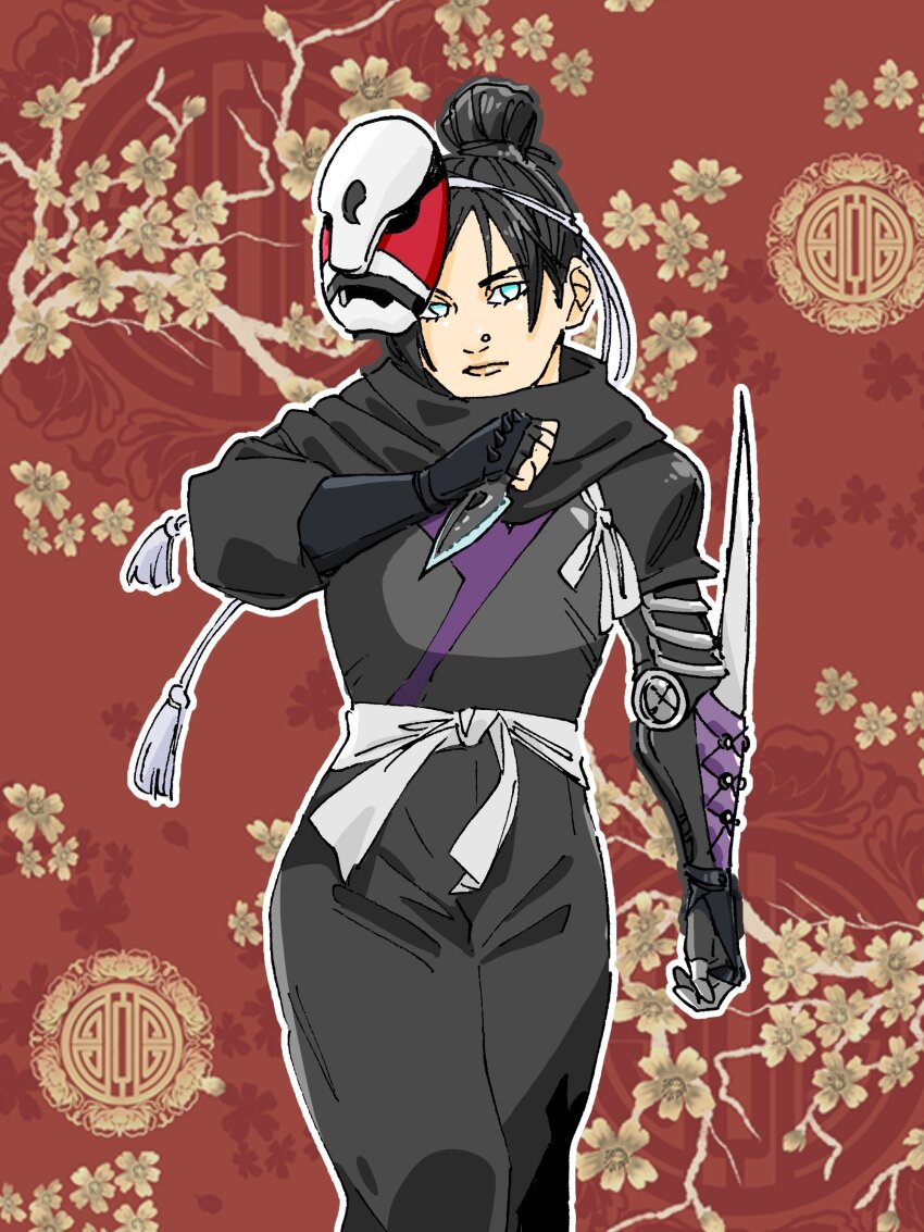 1girl, absurdres, animification, apex_legends, belt, black_gloves, black_hair, black_jumpsuit