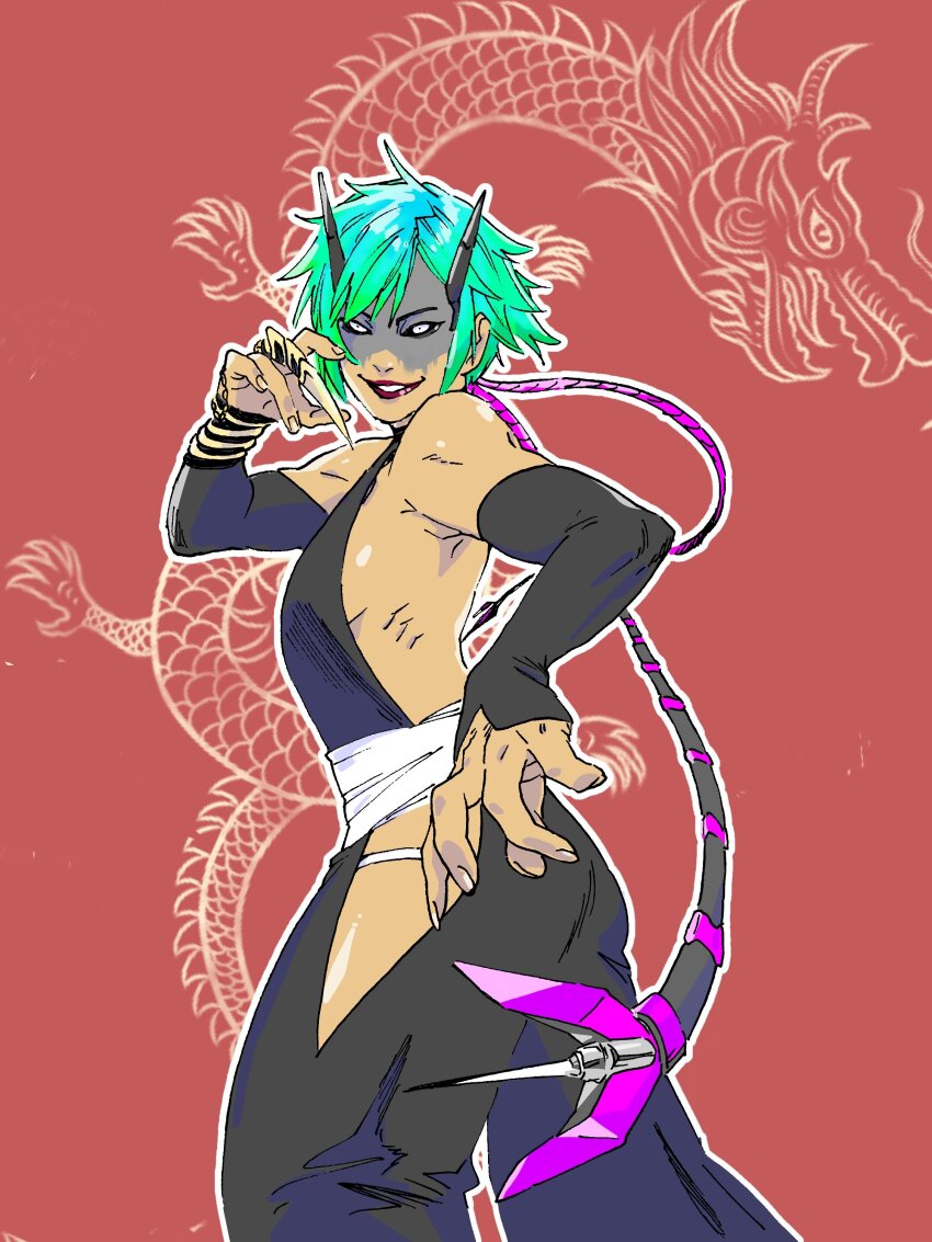 1girl, absurdres, alter_(apex_legends), animification, apex_legends, backless_outfit, black_jumpsuit, black_sclera, bleach, blue_hair, chouson, claw_ring, colored_sclera, cosplay, detached_sleeves, fighting_stance, green_hair, highres, horns, jumpsuit, mechanical_horns, mechanical_tail, multicolored_hair, parted_lips, red_lips, short_hair, side_slit, smile, solo, sui-feng, sui-feng_(cosplay), tail, two-tone_hair, white_eyes