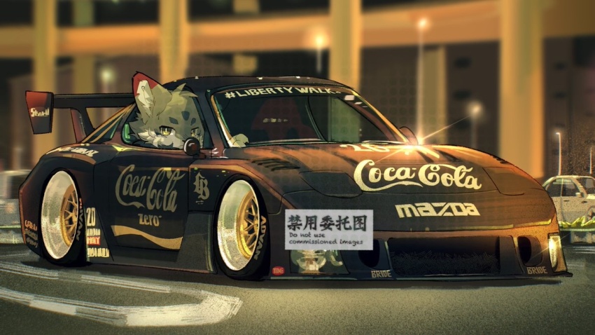 1boy, advan, animal_ear_fluff, animal_ears, black_car, blurry, blurry_background, bride_(brand), bright_pupils, car, chinese_commentary, chinese_text, coca-cola, commission, daikoku_parking_area, dou_jiao_bei_w, driving, english_text, furry, furry_male, glint, mazda, mazda_rx-7, mazda_rx-7_fb, motor_vehicle, original, shadow, spoiler_(automobile), sponsor, stance_(vehicle), vehicle_focus, white_pupils, wolf_boy, wolf_ears, yellow_eyes