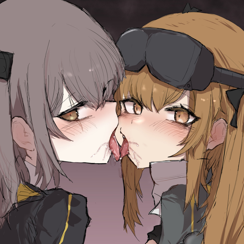 2girls, blush, brown_eyes, brown_hair, girls'_frontline, goggles, goggles_on_head, highres