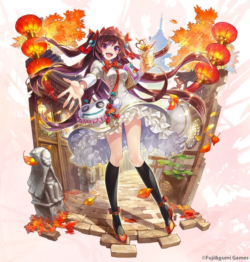 1girl, :d, autumn_leaves, bashosen, between_breasts, black_socks, book, bow, bowtie, breasts, brown_hair, commentary_request, floating_hair, full_body, hair_between_eyes, hair_bow, leaf, long_hair, looking_at_viewer, official_alternate_costume, official_art, open_mouth, outdoors, outstretched_arm, phantom_of_the_kill, plant, purple_eyes, red_bow, red_bowtie, red_footwear, school_uniform, smile, socks, solo, sticky_note, strap_between_breasts, teeth, two_side_up, upper_teeth_only