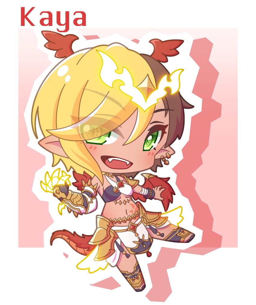 1girl, :d, absurdres, bare_shoulders, black_boots, black_gloves, blonde_hair, boots, breasts, brown_hair, character_name, chibi, claw_(weapon), commentary_request, criss-cross_halter, dragon_girl, dragon_tail, dragon_wings, ear_piercing, eyes_visible_through_hair, fangs, full_body, gloves, glowing, green_eyes, hair_over_one_eye, halterneck, highres, kaya_(liberator)_(princess_connect!), kaya_(princess_connect!), knee_boots, looking_at_viewer, multicolored_hair, navel, open_mouth, outline, piercing, pink_background, pointy_ears, princess_connect!, red_wings, saishosaisekojo, small_breasts, smile, solo, tail, two-tone_hair, weapon, white_outline, wings