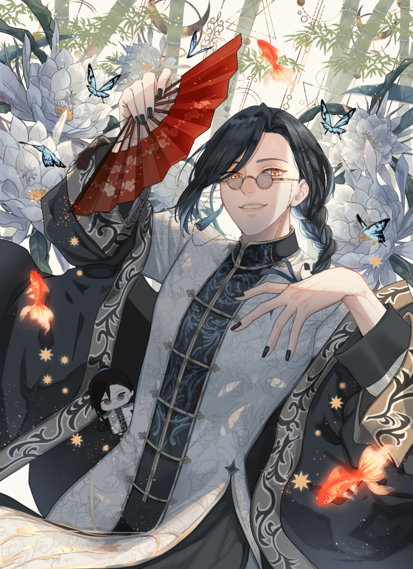 1boy, arm_up, bamboo, bamboo_forest, black_coat, black_hair, black_nails, blue_butterfly