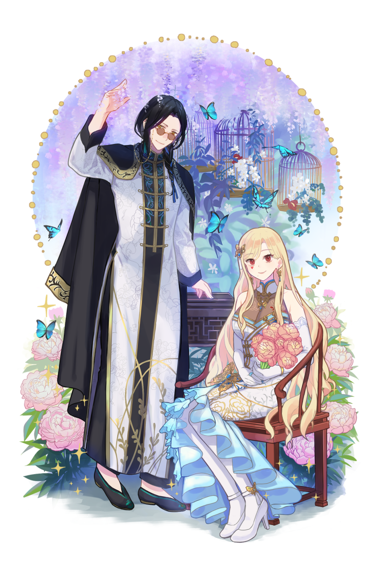 1boy, 1girl, arm_up, birdcage, black_footwear, black_hair, black_jacket, blue_butterfly