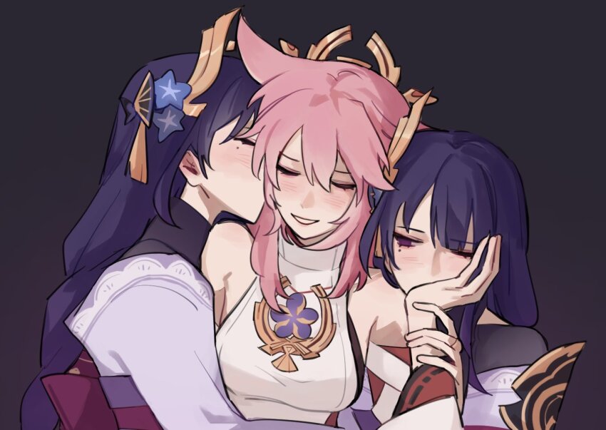 3girls, black_background, blush, closed_eyes, commentary, dual_persona, english_commentary, genshin_impact