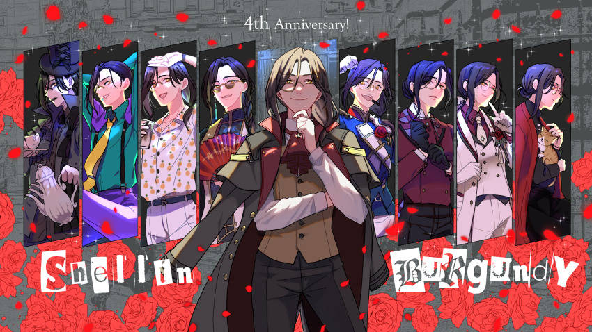 1boy, animal, anniversary, aqua_shirt, arm_up, ascot, black_bow, black_gloves