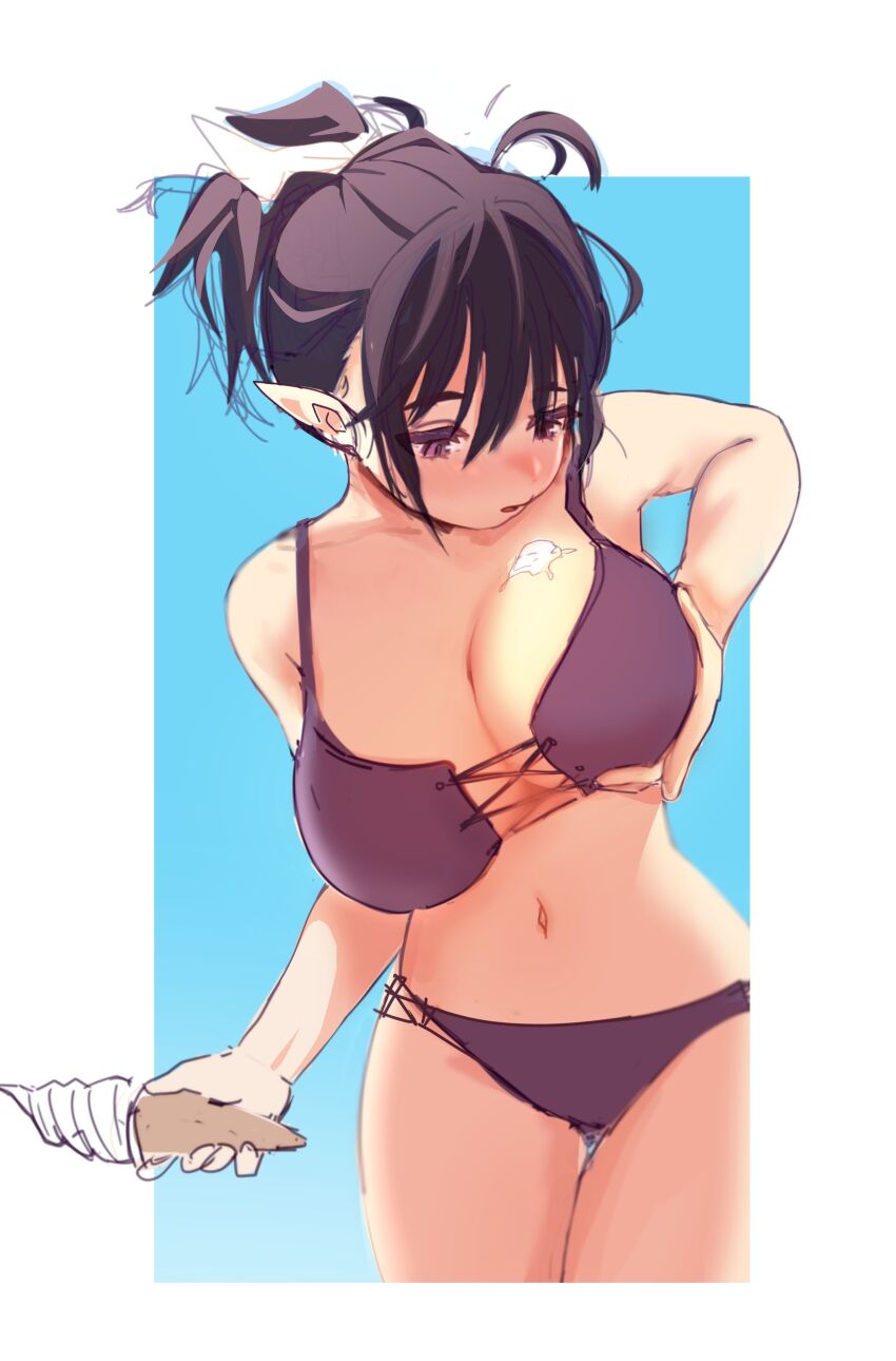 1girl, absurdres, adbo, armpits, breasts, brown_dust_(series), brown_dust_2, cleavage, cropped_legs, elf, food_on_body, food_on_breasts, grabbing_own_breast, hair_between_eyes, highres, ice_cream_cone, large_breasts, light_blush, loen_(brown_dust), navel, open_mouth, partially_colored, pointy_ears, purple_eyes, purple_hair, short_hair, simple_background, sketch, solo, stomach