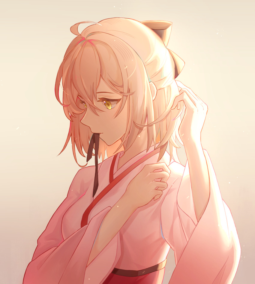 1girl, adjusting_hair, ahoge, black_bow, blonde_hair, bow, dhsauce, fate/grand_order