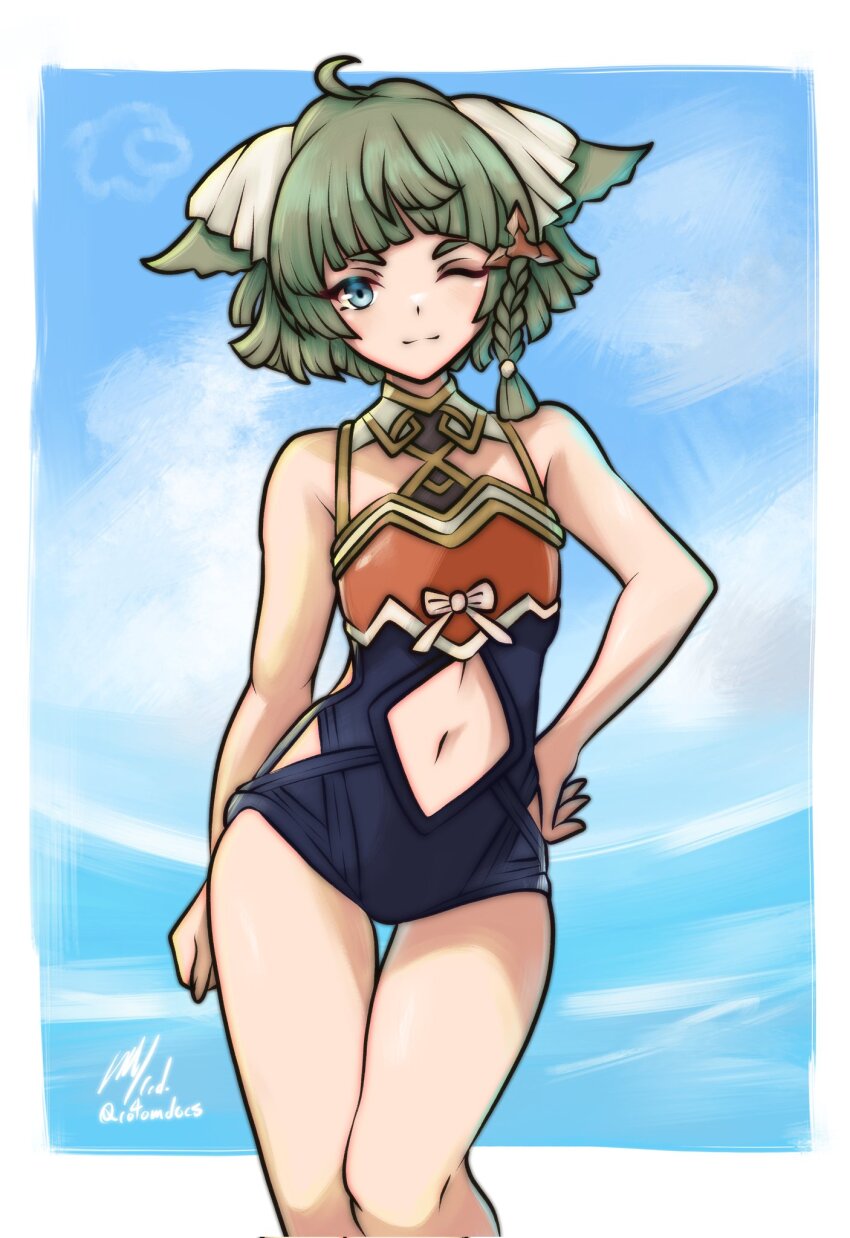 1other, ;), animal_ears, bare_arms, bare_shoulders, braid, cat_ears, clothing_cutout, flat_chest, green_hair, grey_eyes, hand_on_own_hip, highres, juniper_(xenoblade), navel_cutout, one-piece_swimsuit, one_eye_closed, other_focus, rotomdocs, smile, solo, swimsuit, xenoblade_chronicles_(series), xenoblade_chronicles_3