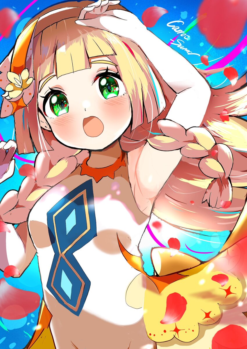 1girl, :o, arm_up, armpits, artist_name, blonde_hair, braid, carrot_summer