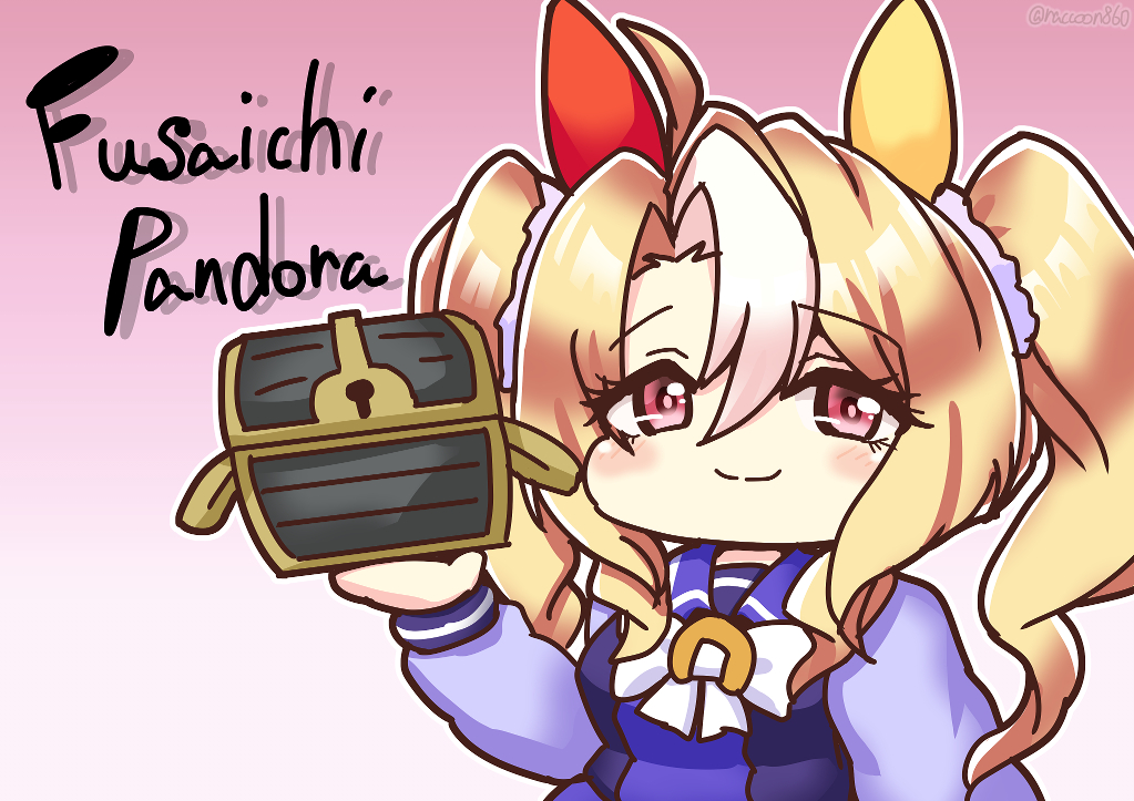 1girl, animal_ears, blonde_hair, breasts, character_name, ear_covers, fusaichi_pandora_(umamusume), holding, horse_ears, horse_girl, medium_breasts, pink_background, raccoon860, red_eyes, ribbon, school_uniform, tracen_school_uniform, treasure_chest, twintails, umamusume, white_ribbon