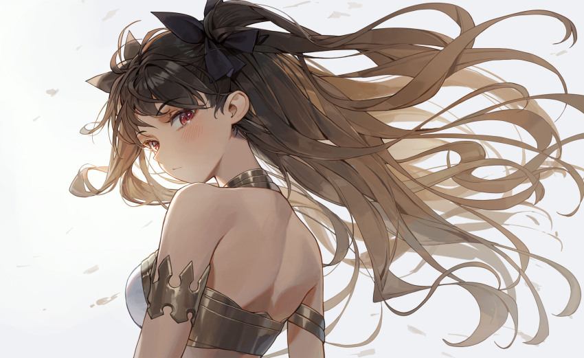 1girl, ahoge, armlet, armor, armpits, arms_at_sides, back, bare_shoulders, bikini, bikini_armor, black_hair, black_ribbon, breasts, cotta, earrings_removed, expressionless, eyelashes, fate_(series), female_focus, floating_hair, gold_bikini, hair_ribbon, halterneck, highres, ishtar_(fate), jewelry, long_hair, looking_at_viewer, looking_back, medium_breasts, midriff, neck, parted_bangs, red_eyes, revealing_clothes, ribbon, shoulder_blades, sideboob, simple_background, standing, swimsuit, turning_head, twintails, upper_body, white_background, wind, wind_lift