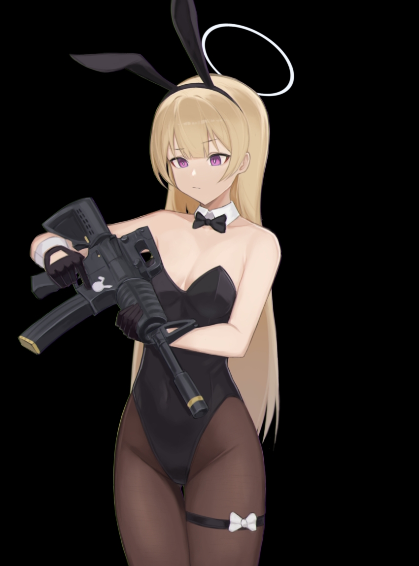 absurdres, animal_ears, assault_rifle, bajigurr, black_background, black_bow, black_bowtie, black_gloves