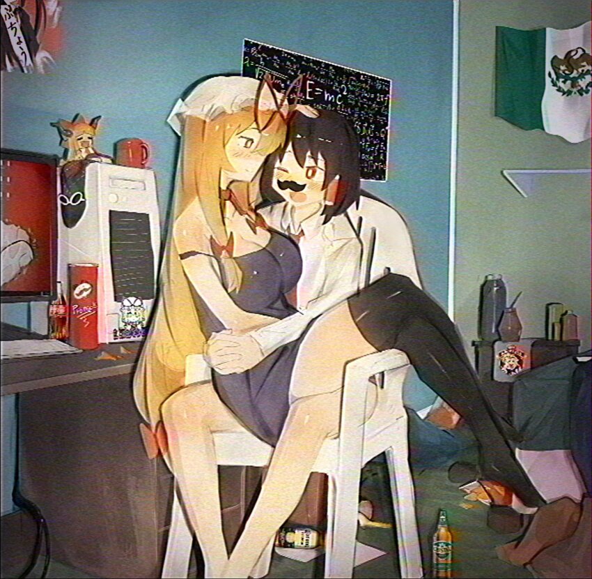 2girls, beer_bottle, black_hair, black_thighhighs, blonde_hair, breasts, cleavage, cosplay