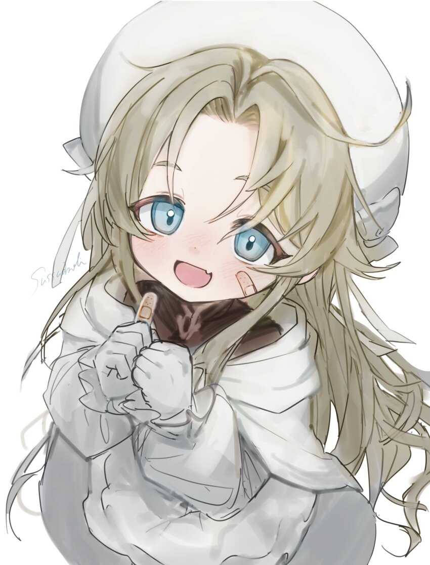 1girl, aqua_eyes, bandaid, bandaid_on_cheek, bandaid_on_face, blonde_hair, colt_m1851n_(girls'_frontline), dress