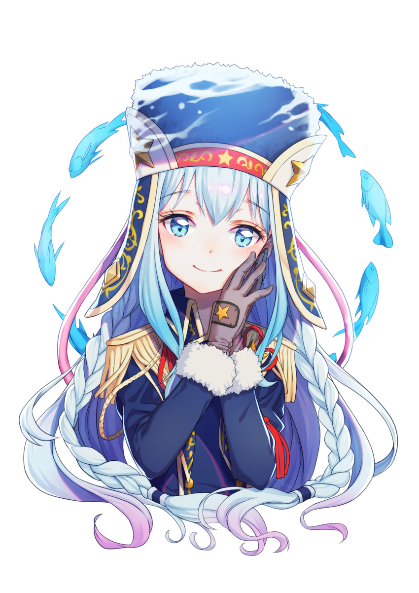 1girl, blue_eyes, braid, epaulettes, fish, gloves, gradient_hair, highres