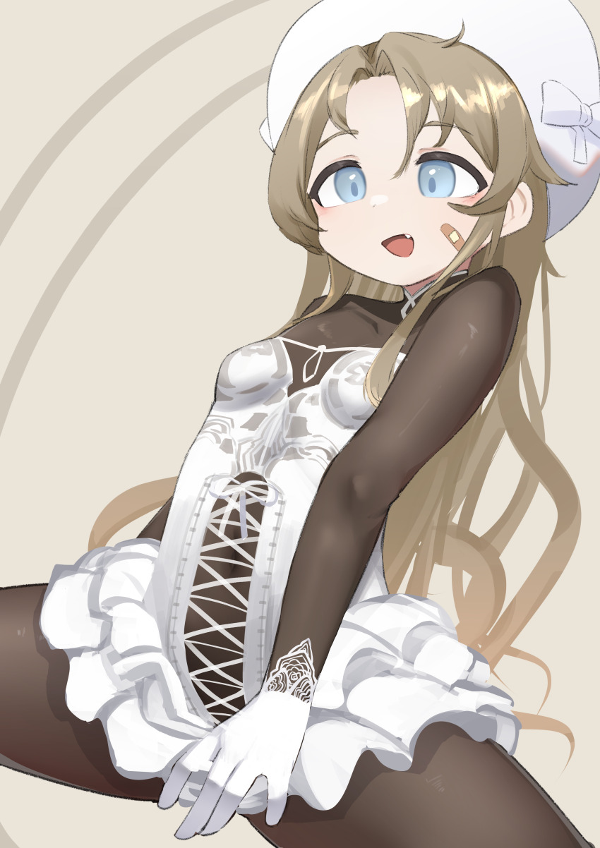 1girl, absurdres, bandaid, bandaid_on_cheek, bandaid_on_face, blonde_hair, blue_eyes, bodystocking, bow, breasts, colt_m1851n_(girls'_frontline), corset, covered_navel, cowboy_shot, daebom, fang, frills, girls'_frontline, gloves, hat, highres, open_mouth, simple_background, skin_tight, small_breasts, solo, spread_legs, white_bow, white_corset, white_gloves, white_hat