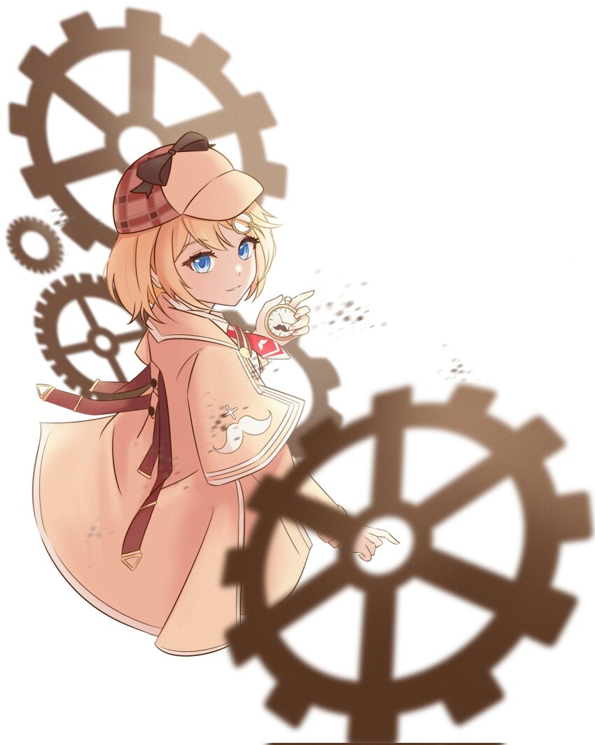 1girl, blonde_hair, blue_eyes, blurry, blurry_foreground, bob_cut, bow, brown_capelet, brown_hat, capelet, commentary, cropped_torso, cyan_2344, deerstalker, from_side, gears, hand_up, hat, hat_bow, highres, holding, holding_pocket_watch, hololive, hololive_english, light_smile, looking_at_viewer, looking_back, necktie, parted_lips, pocket_watch, red_necktie, short_hair, simple_background, solo, untranslatable_commentary, virtual_youtuber, watch, watson_amelia, watson_amelia_(1st_costume), white_background