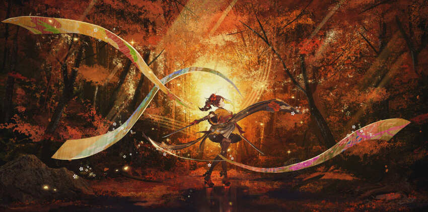 1girl, absurdres, autumn, autumn_leaves, backlighting, black_footwear, black_gloves, black_pantyhose