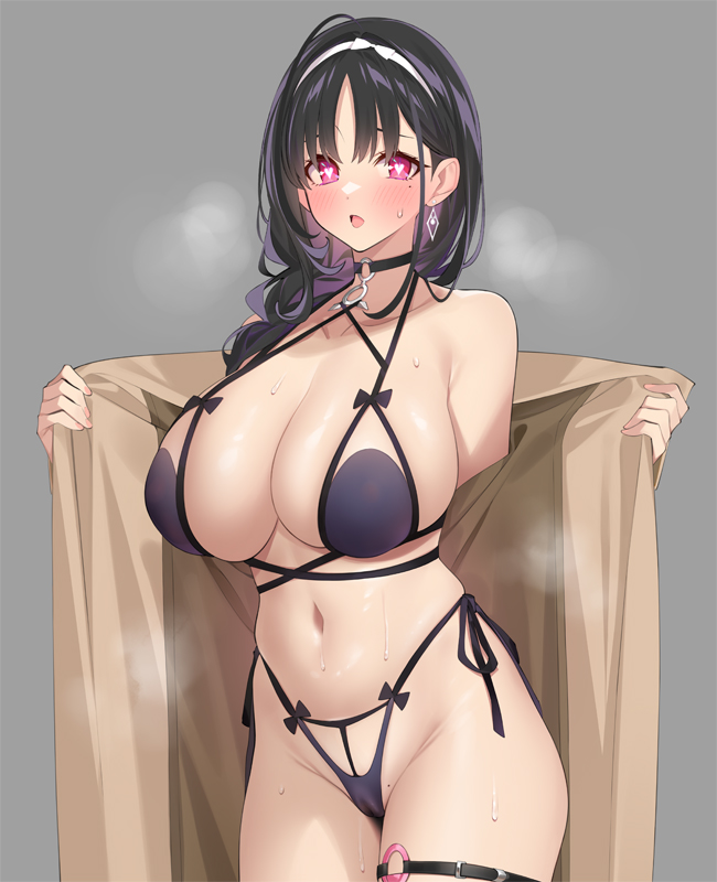 1girl, azur_lane, bikini, bikini_under_clothes, black_bikini, black_hair, blush, breasts