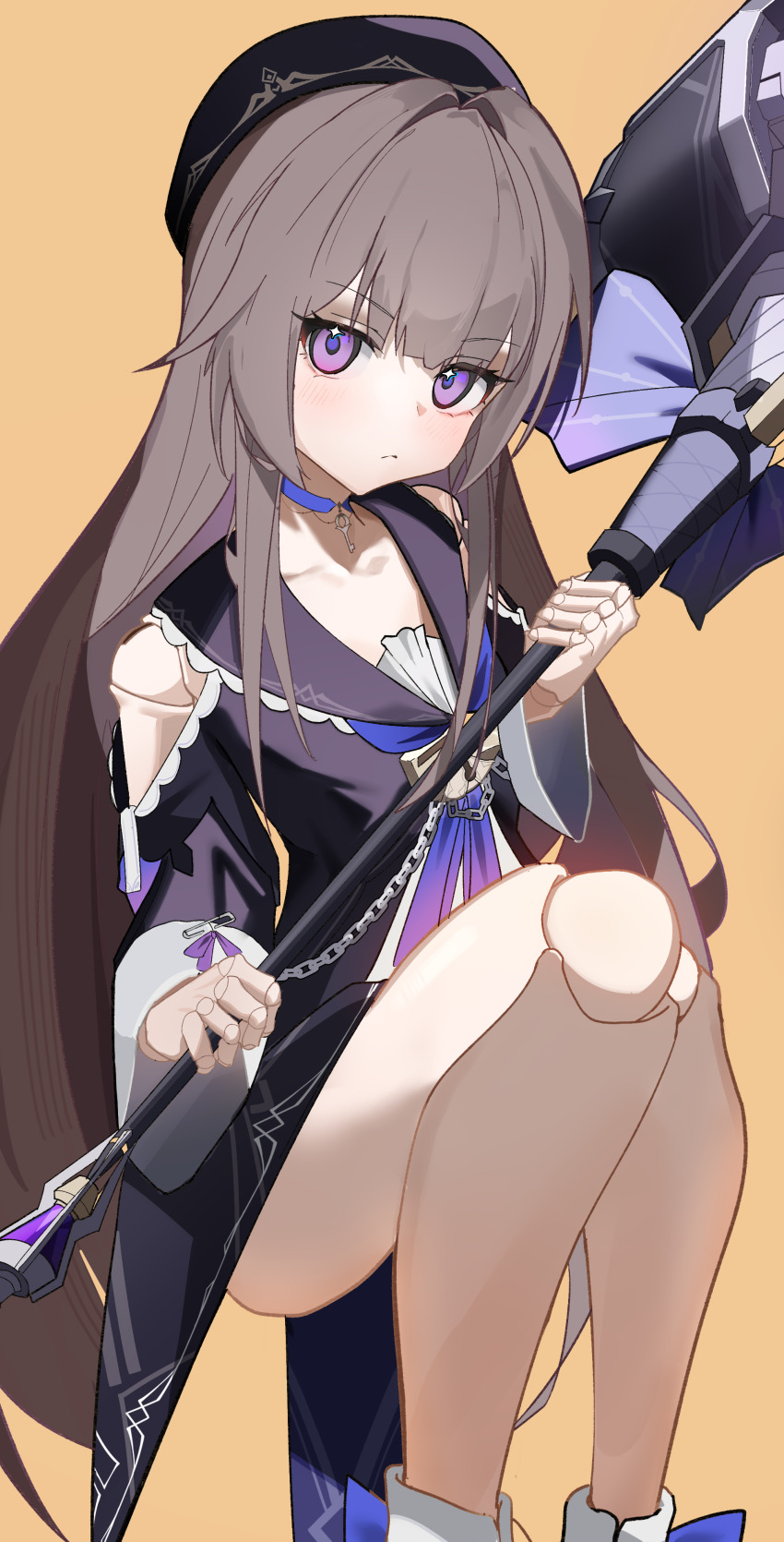 1girl, absurdres, beret, black_dress, black_hat, brown_background, brown_hair, choker