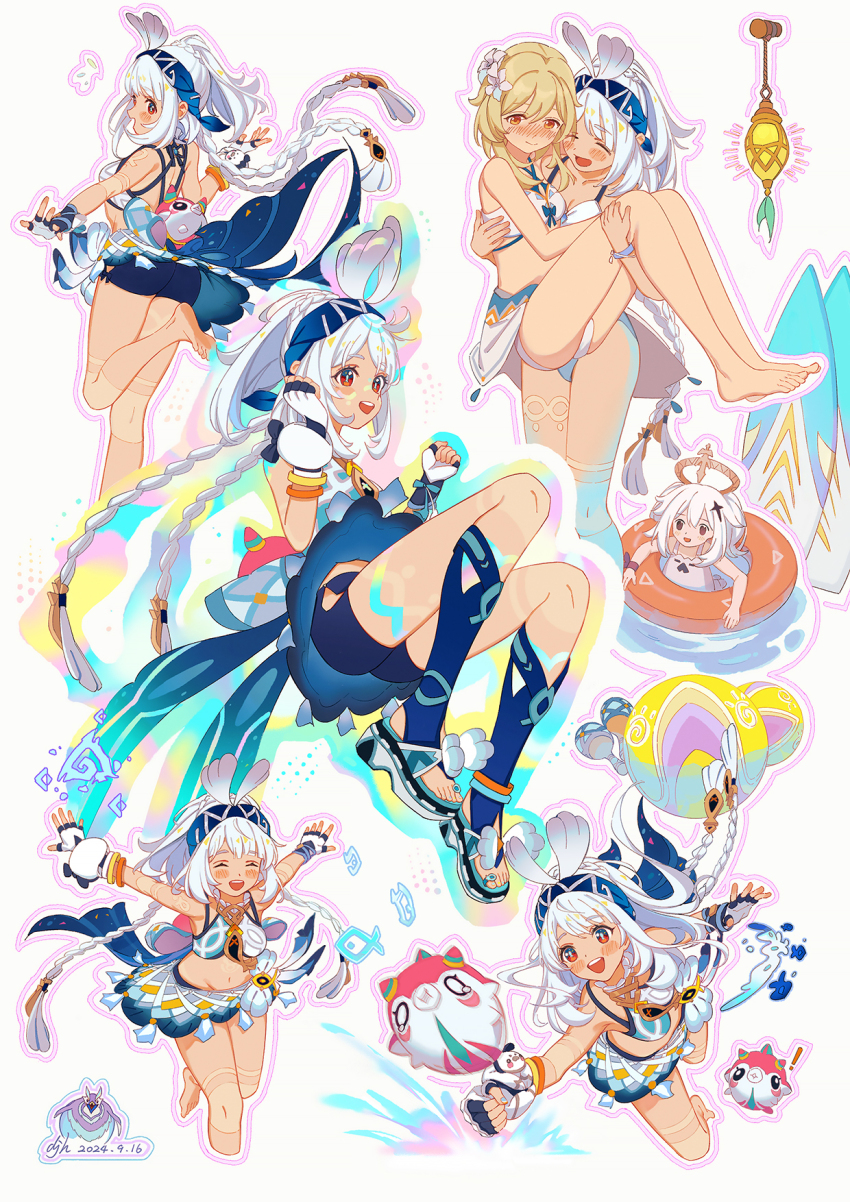 3girls, :d, airplane_arms, alternate_costume, ass, ball, bare_shoulders, barefoot, beachball, bikini, blonde_hair, blue_eyes, blue_hairband, blue_nails, blue_shorts, blue_socks, blush, braid, breasts, brown_eyes, carrying, chinese_commentary, closed_eyes, commentary_request, cropped_legs, facial_mark, facing_viewer, fingerless_gloves, fish-shaped_pupils, foot_up, full_body, genshin_impact, gloves, hairband, halo, hanging_light, highres, instrument, kneehighs, long_hair, looking_at_viewer, lumine_(genshin_impact), lumine_(hot_springs)_(genshin_impact), maracas, mualani_(genshin_impact), multicolored_eyes, multiple_girls, open_mouth, outstretched_arms, paimon_(genshin_impact), paimon_(hot_springs)_(genshin_impact), partial_commentary, pen_liangshui_po_ya_po, princess_carry, sandals, shorts, simple_background, smile, socks, spread_arms, stirrup_legwear, swim_ring, swimsuit, symbol-shaped_pupils, teeth, toeless_legwear, twin_braids, two-tone_eyes, upper_teeth_only, white_background, white_bikini, white_hair, yellow_eyes