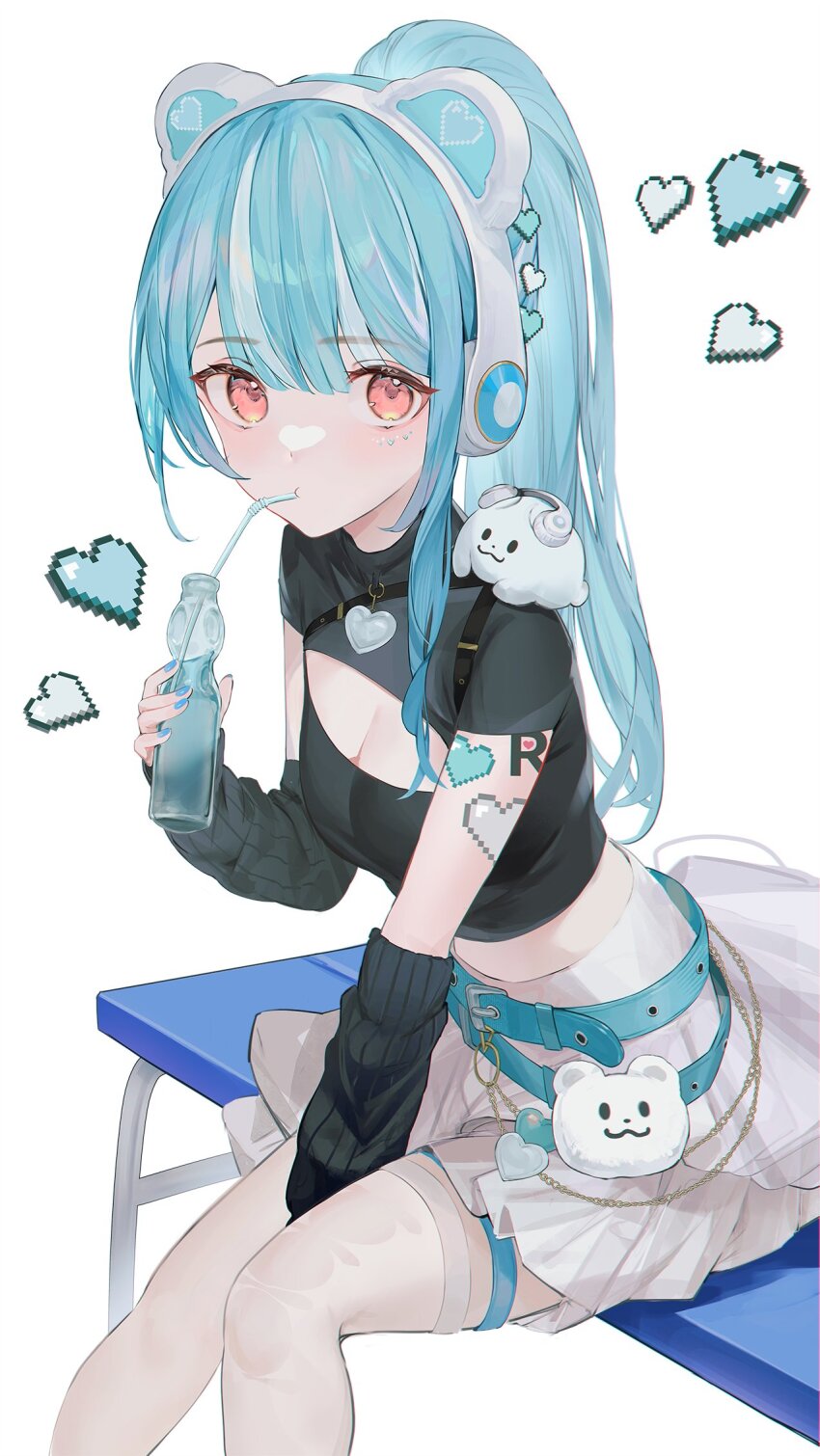 1girl, animal_ear_headphones, animal_ears, arm_tattoo, arm_warmers, belt, between_legs, black_arm_warmers