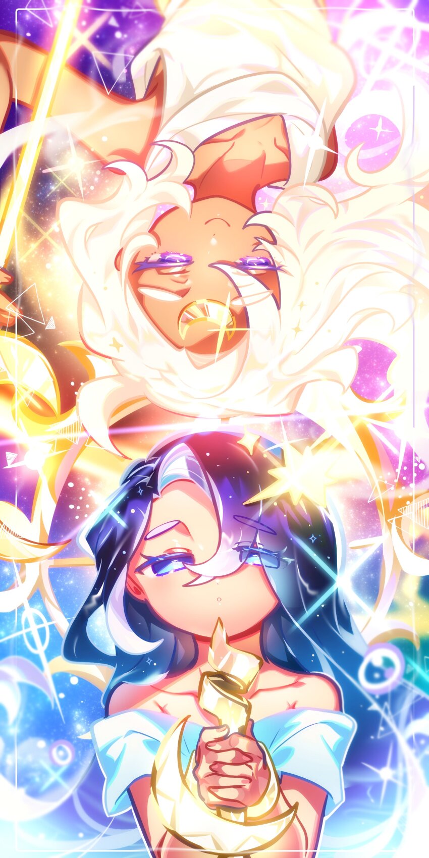 2girls, absurdres, bare_arms, bare_shoulders, blonde_hair, blue_background, blue_eyes, blue_hair, closed_mouth, collarbone, cookie_run, cookie_run:_kingdom, dress, eyes_visible_through_hair, fingernails, gradient_background, half-closed_eyes, highres, holding, holding_staff, long_hair, looking_at_viewer, moonlight_cookie, moonlight_cookie_(crescent_guardian), multiple_girls, official_alternate_costume, official_alternate_hair_color, omoyu_(nakyu715), own_hands_clasped, own_hands_together, parted_lips, purple_background, purple_eyes, sea_fairy_cookie, sea_fairy_cookie_(rippling_moonlight), short_sleeves, simple_background, sleeveless, sleeveless_dress, smile, sparkle, staff, upper_body, white_dress