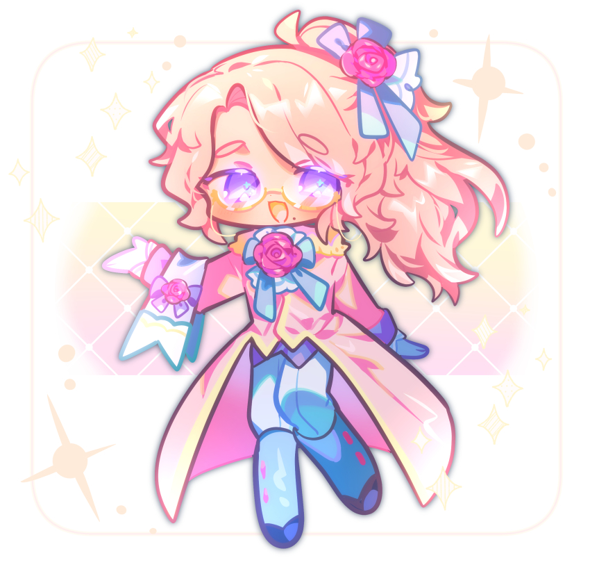 1boy, :d, absurdres, arm_at_side, asymmetrical_gloves, blue_boots, blue_gloves, blue_pants