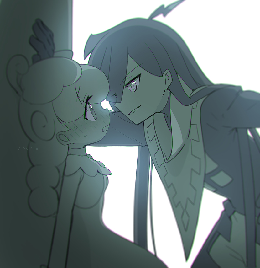 1boy, 1girl, against_wall, ahoge, arm_up, arms_at_sides, backlighting, blurry