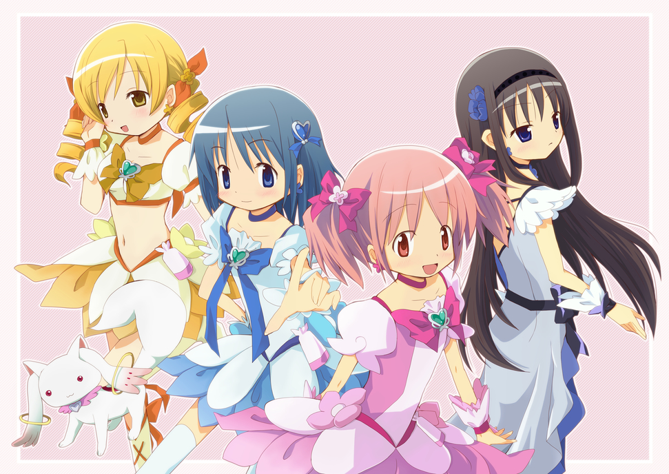 4girls, akemi_homura, black_hair, black_neckwear, blonde_hair, blue_eyes, blue_hair, blue_skirt
