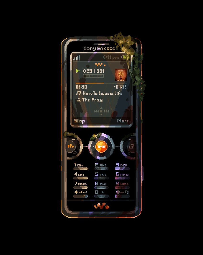 black_background, english_text, foliage, highres, keypad, music_player, no_humans, phone