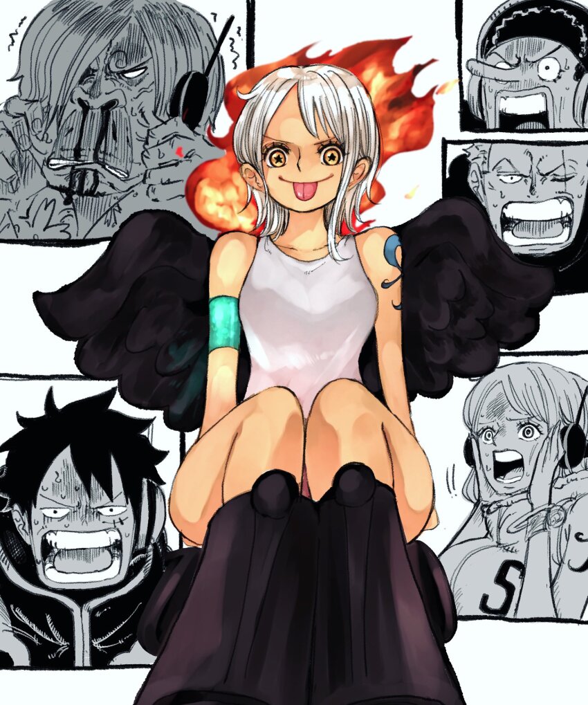 2girls, 4boys, :p, angel_wings, bare_arms, bare_legs, bare_shoulders, black_footwear