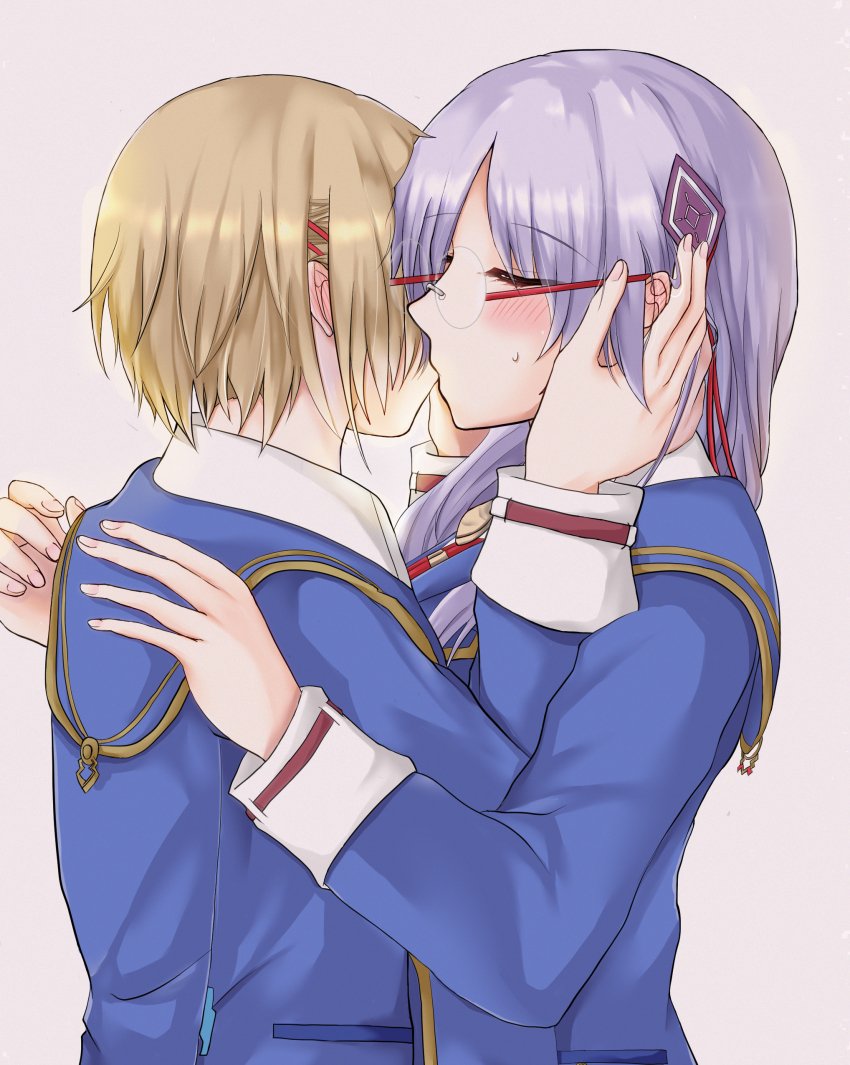 2girls, blonde_hair, blue_jacket, glasses, grey_hair, hair_ornament, hair_over_shoulder, hairclip, heaven_burns_red, iori1170, izumi_yuki, jacket, kayamori_ruka, kiss, long_hair, multiple_girls, round_eyewear, shirt, short_hair, white_shirt, yuri