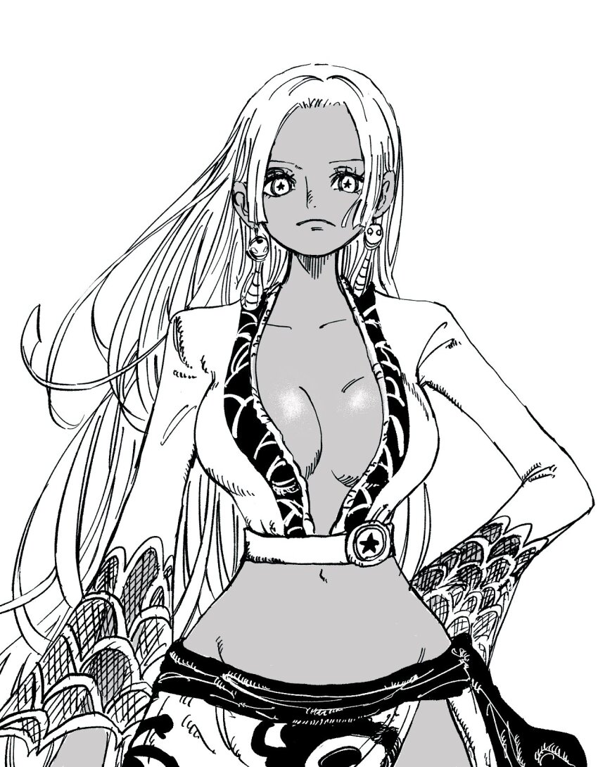 1girl, aged_up, boa_hancock_(cosplay), breasts, breasts_apart, cleavage, cosplay, curvy, dark-skinned_female, dark_skin, earrings, expressionless, female_focus, floating_hair, greyscale, groin, hand_on_own_hip, highres, jewelry, koutlip, long_hair, looking_at_viewer, midriff, monochrome, navel, one_piece, s-snake, sarong, sash, seraphim_(one_piece), simple_background, sleeves_past_wrists, snake_earrings, solo, star-shaped_pupils, star_(symbol), symbol-shaped_pupils, upper_body, very_long_hair, white_background, white_hair, wide_hips