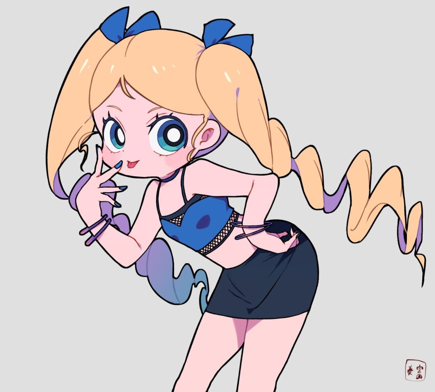 1girl, :p, bare_arms, black_skirt, blonde_hair, blue_eyes, blue_ribbon, blue_tank_top