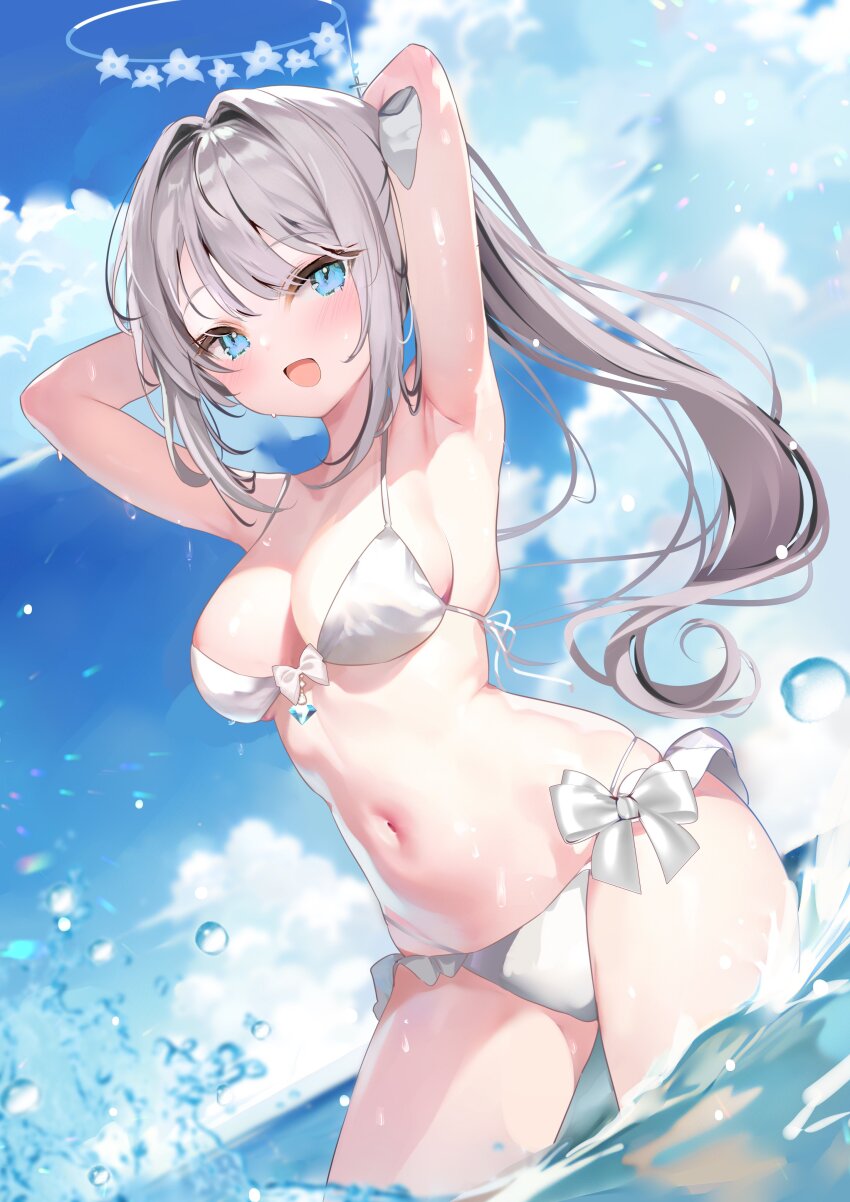 1girl, :d, absurdres, armpits, arms_behind_head, arms_up, bikini, blue_eyes