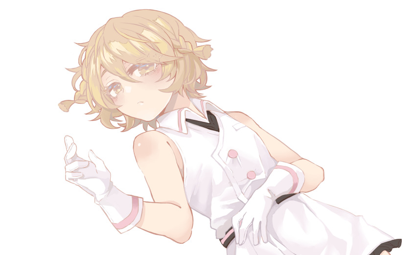 1girl, bare_shoulders, blonde_hair, braid, buttons, closed_mouth, dress, eyelashes, frown, gloves, hair_between_eyes, highres, lying, makayaki_(rikka705), nurse_robot_type_t, on_back, short_hair, sleeveless, sleeveless_dress, solo, transparent_background, utau, white_dress, white_gloves, yellow_eyes