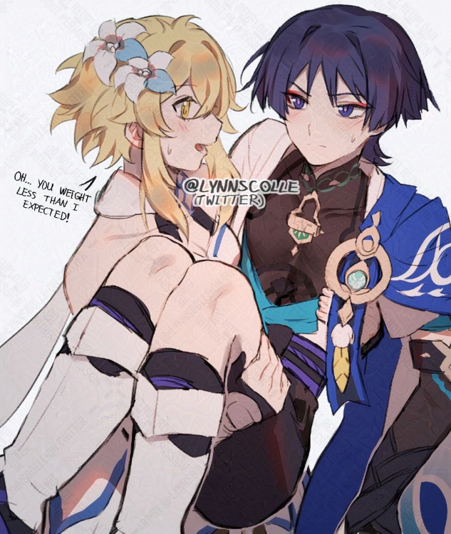 1boy, 1girl, blonde_hair, blush, carrying, couple, from_side, genshin_impact