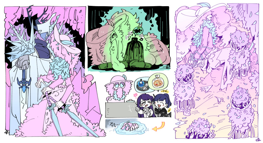 2girls, 2others, alriune, bag, blue_coat, closed_eyes, coat, colored_skin