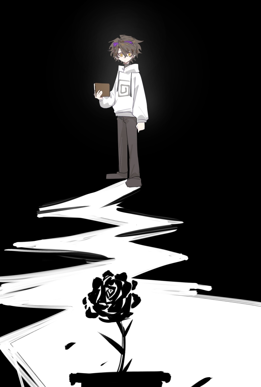 1boy, asouhyn, book, brown_hair, chinese_commentary, commentary_request, dream_smp, flower