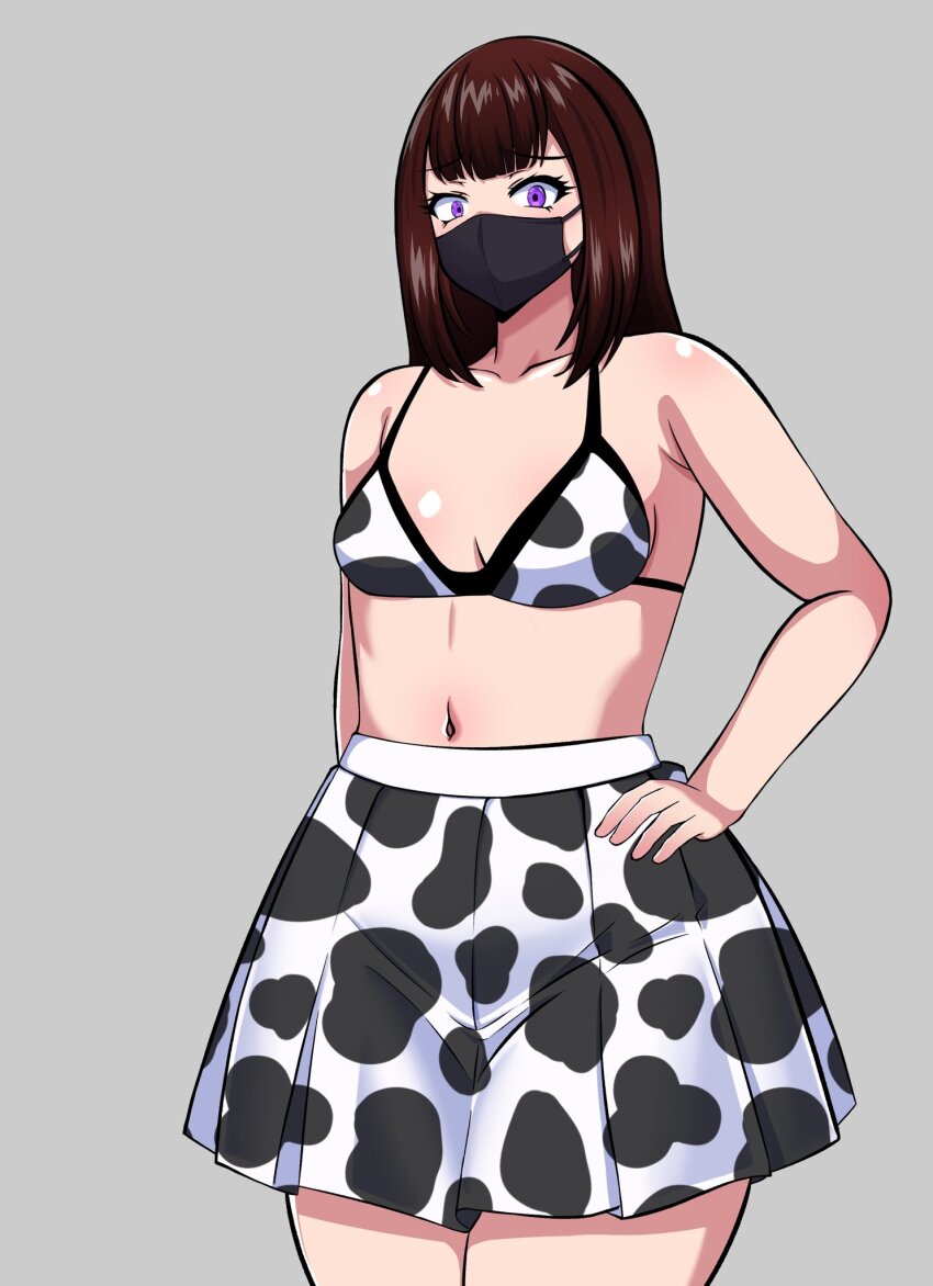 1girl, animal_print, bikini, brown_hair, codeorange162, cow_print, cow_print_bikini, cow_print_skirt