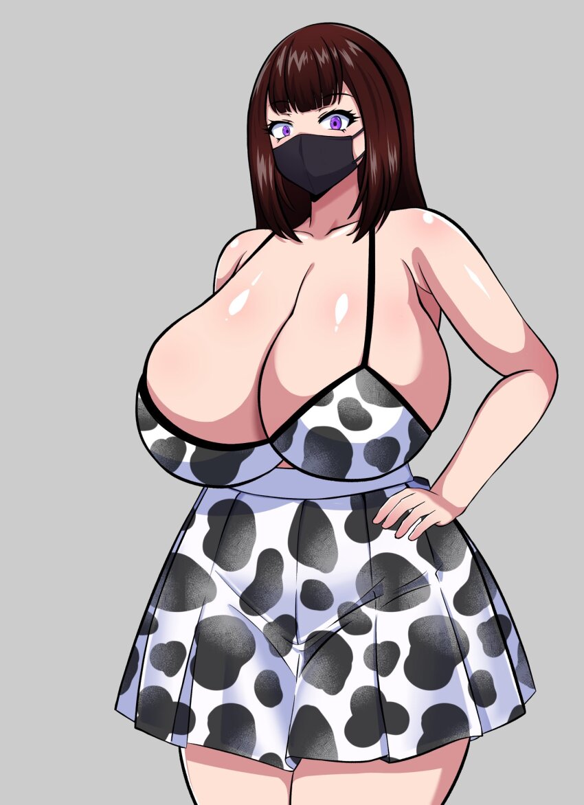 1girl, animal_print, bikini, breast_expansion, breasts, brown_hair, codeorange162, cow_print, cow_print_bikini, cow_print_skirt, eyelashes, female_focus, grey_background, highres, huge_breasts, long_hair, looking_at_viewer, mask, mouth_mask, msak, print_bikini, purple_eyes, skirt, solo, standing, swimsuit