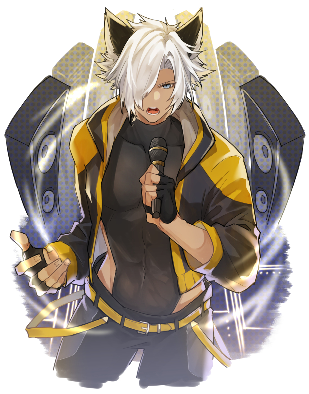 1boy, animal_ears, belt, dark-skinned_male, dark_skin, erune, eustace_(granblue_fantasy), fingerless_gloves, gloves, granblue_fantasy, hair_over_one_eye, highres, huyoyo_yo, jacket, male_focus, microphone, multicolored_jacket, music, singing, solo, speaker, two-tone_jacket, white_hair