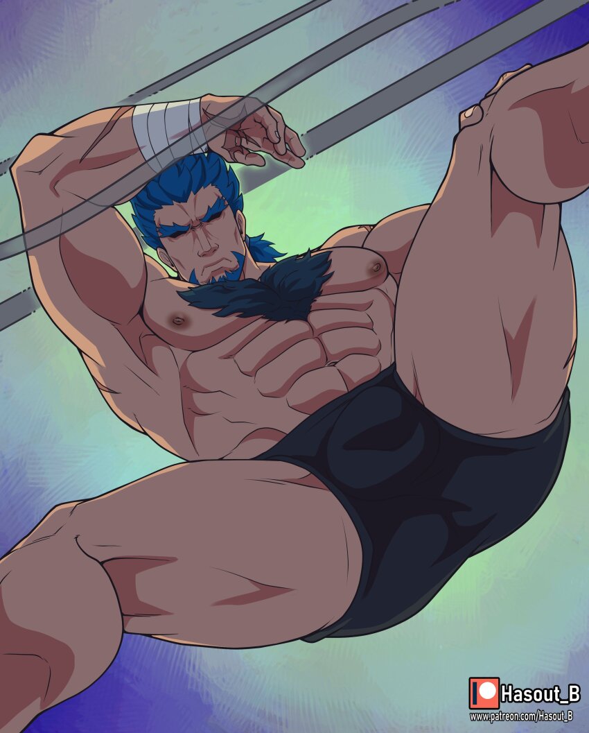 1boy, abs, absurdres, armpits, arts_of_hasarath, bandaged_wrist, bandages, bara
