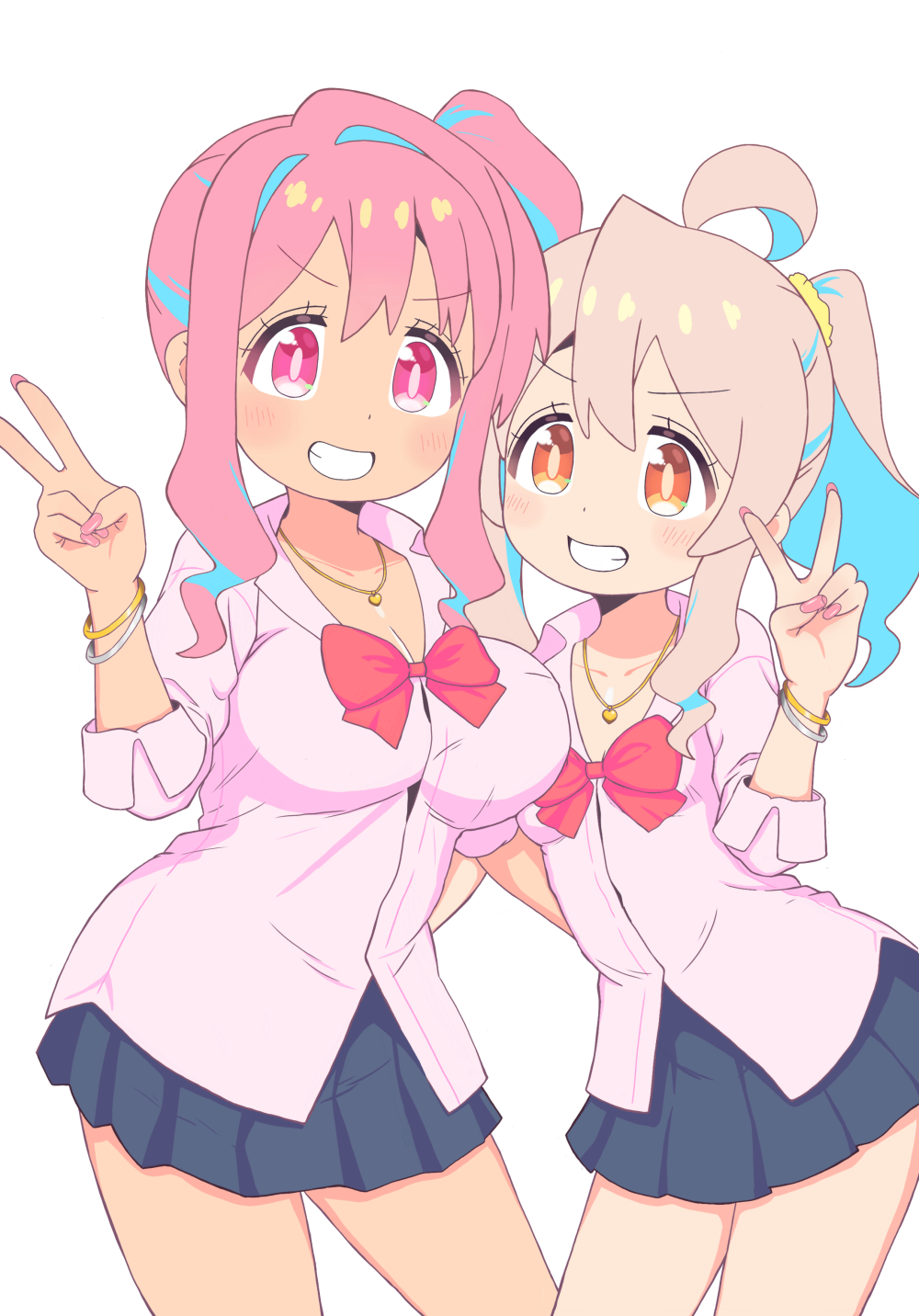 2girls, ahoge, alternate_hair_color, alternate_hairstyle, asymmetrical_docking, bare_legs, black_skirt, blue_hair