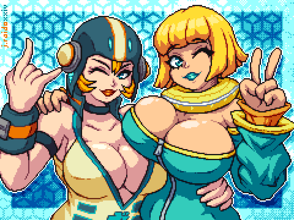 2girls, asymmetrical_docking, bel_(bomb_rush_cyberfunk), blue_eyes, blue_lips, bomb_rush_cyberfunk, breast_press, breasts