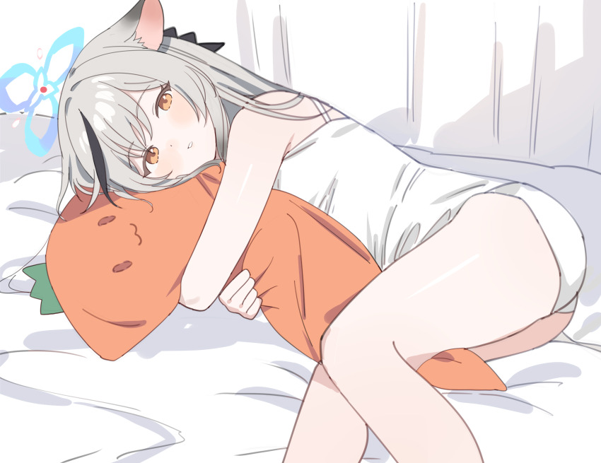 1girl, animal_ears, blue_archive, blue_halo, brown_eyes, carrot-shaped_pillow, daredattakke, feet_out_of_frame
